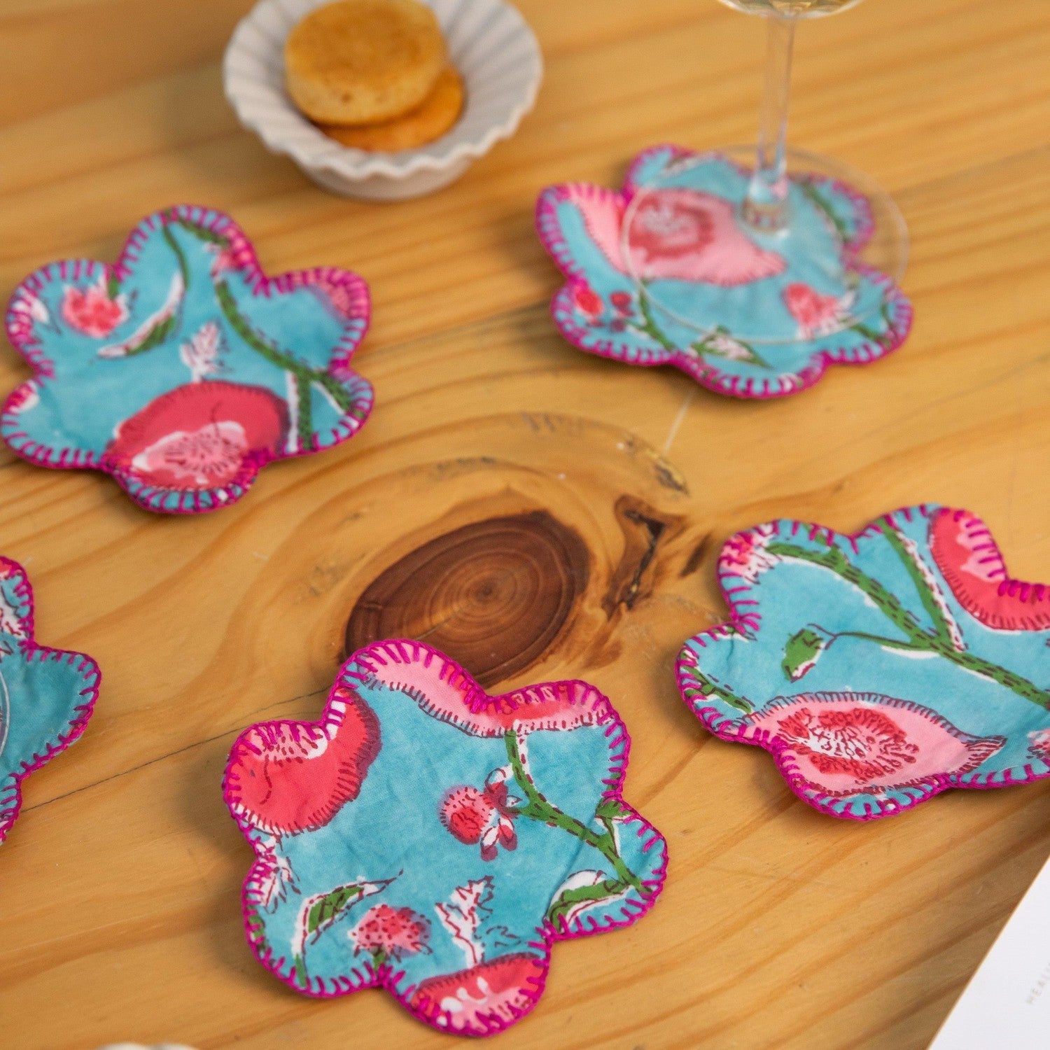 Aqua Flower Shape Coaster Set of 6-Coasters-House of Ekam