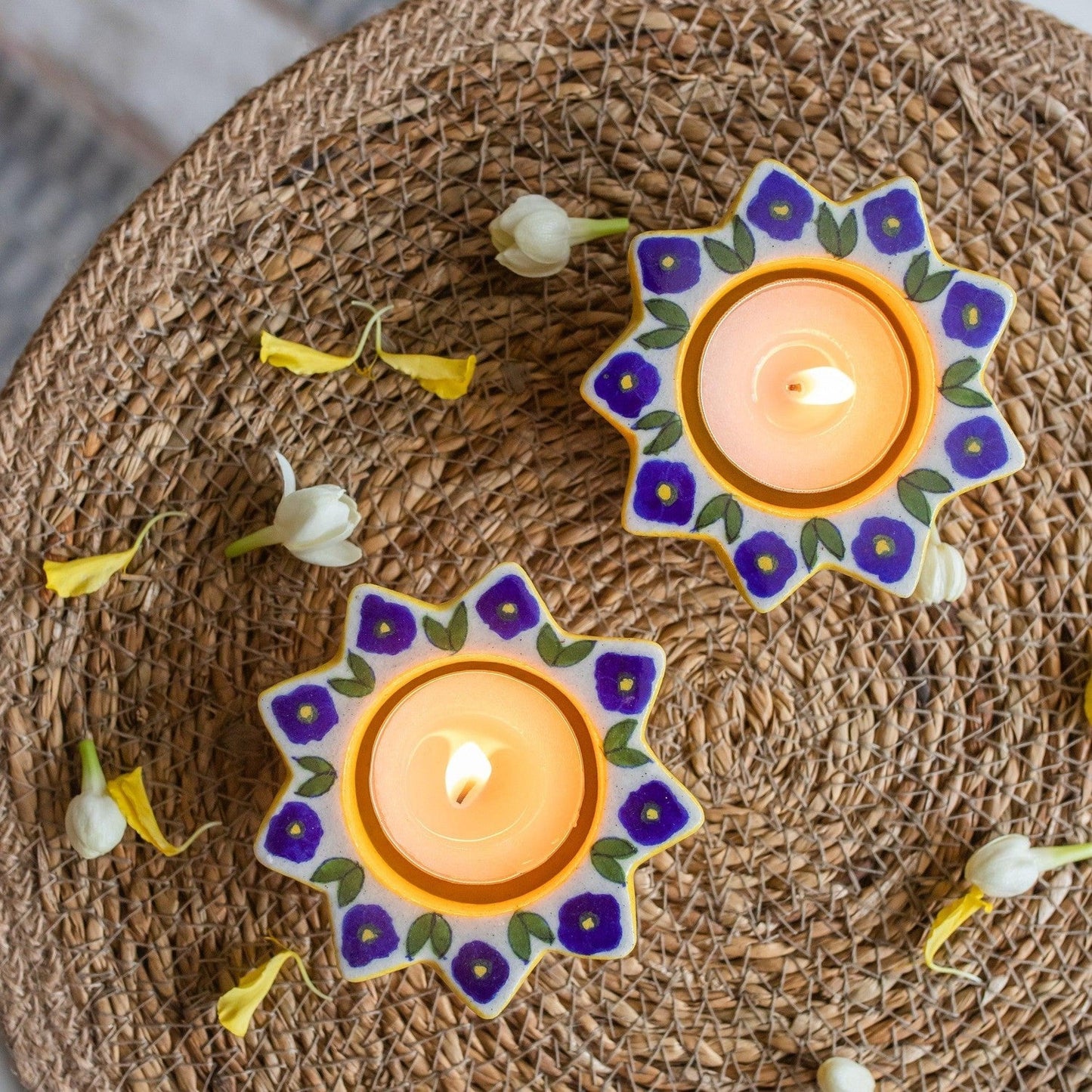 Blue & Green Sunflower Blue Pottery Diya Set of 2-diyas-House of Ekam