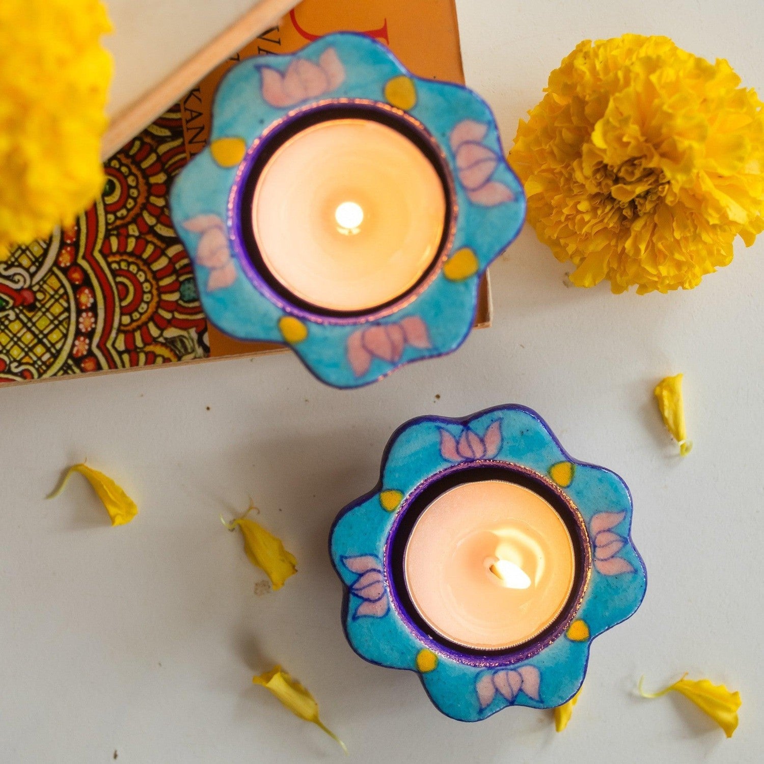 Blue Lotus Handmade Diyas Set of 2-diyas-House of Ekam