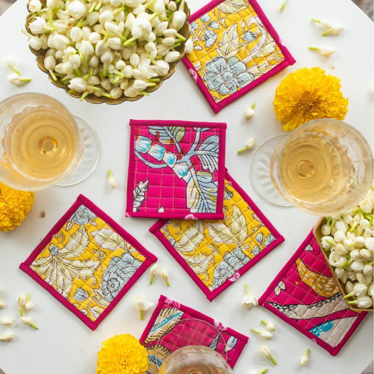 Pink & Yellow Reversible Coaster Set of 6-Coasters-House of Ekam