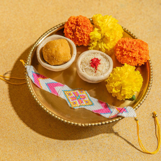 Pink and Yellow Beadwork Rakhi-Rakhis-House of Ekam