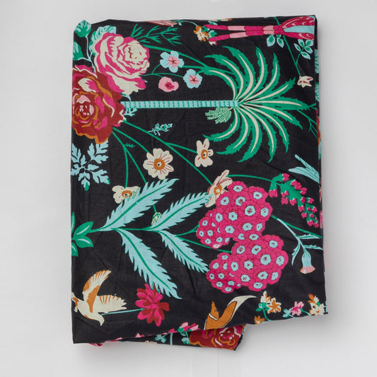 Black Nocturnal Garden Screenprinted Cotton Fabric