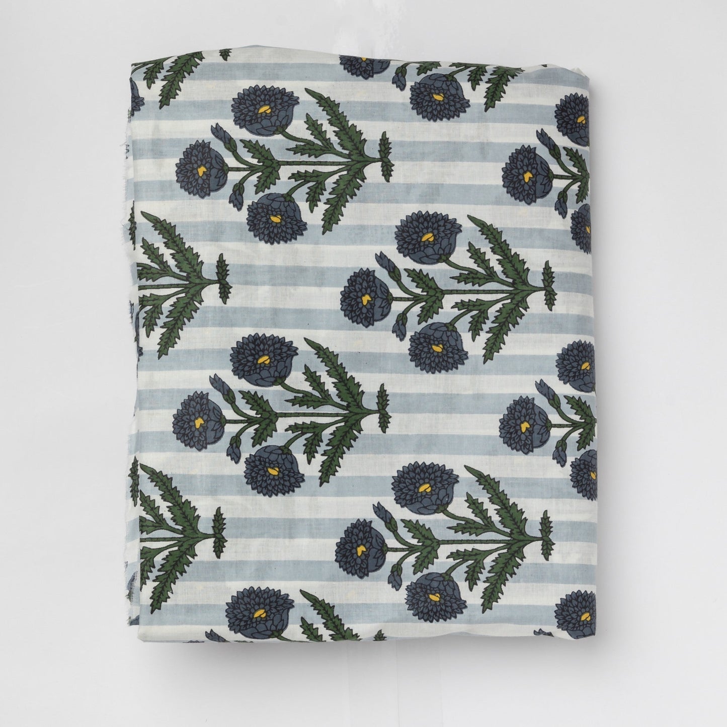 Blue Poppy Stripe Screenprinted Cotton Fabric