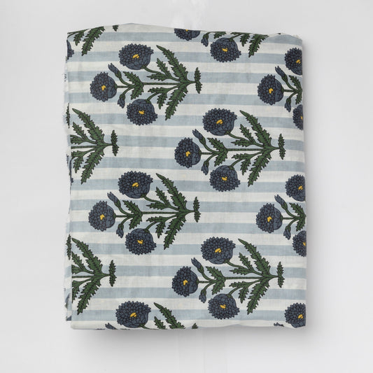 Blue Poppy Stripe Screenprinted Cotton Fabric