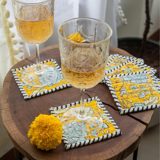 Sunshine Yellow Fabric Coaster Set of 6-Coasters-House of Ekam