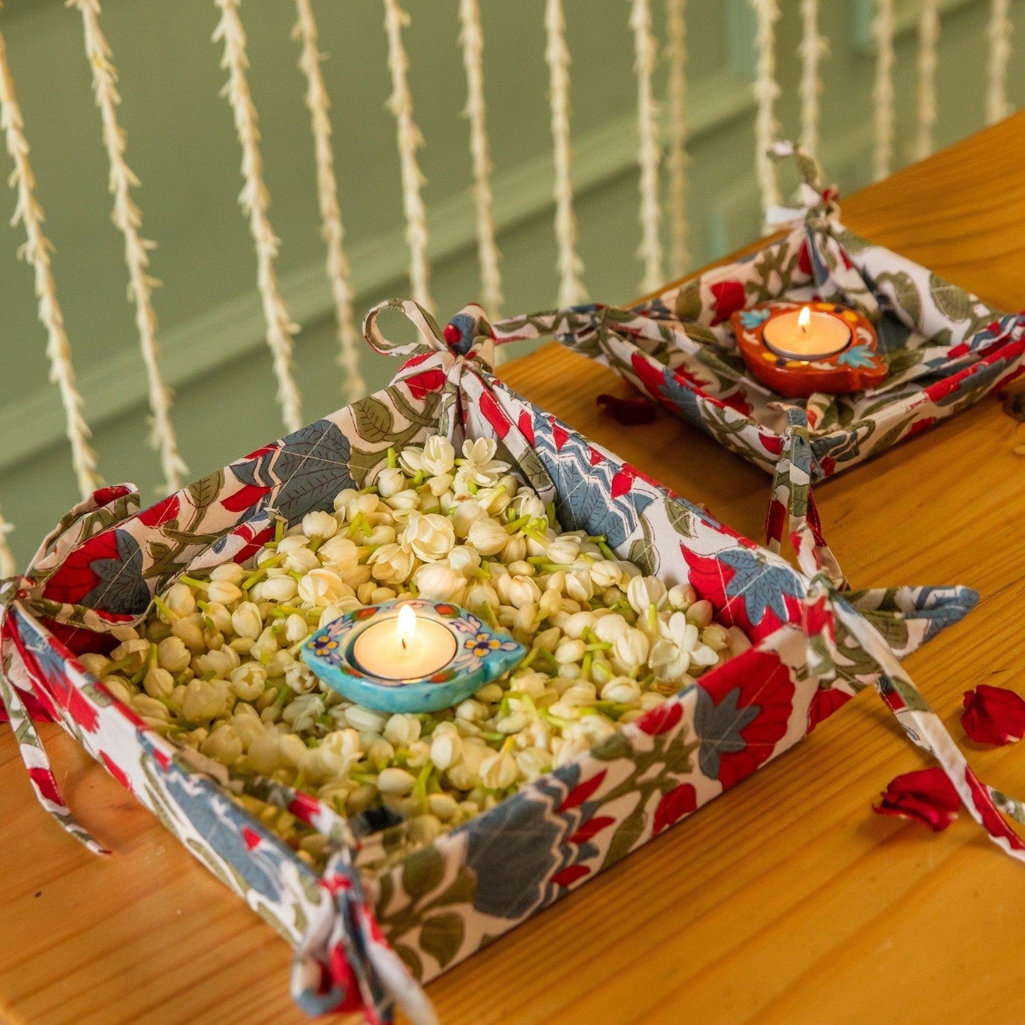 White and Red Blockprinted Foldable Tray-Trays-House of Ekam