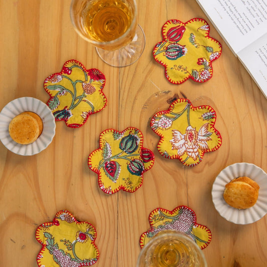 Yellow Floral Flower Shape Coaster Set of 6-Coasters-House of Ekam