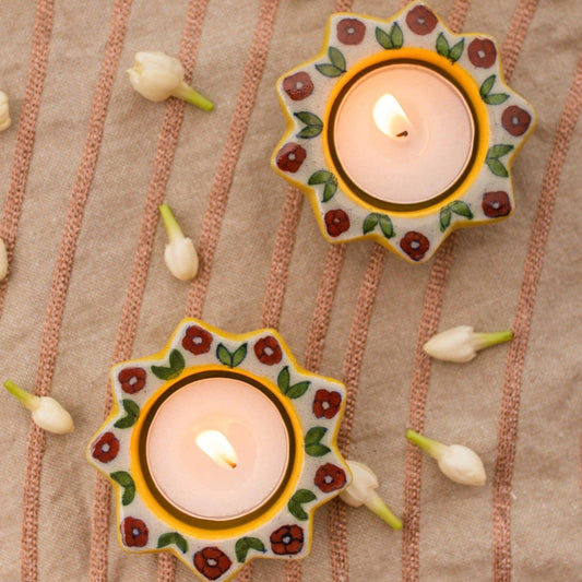 Yellow & Red Sunflower Blue Pottery Diya Set of 2-diyas-House of Ekam