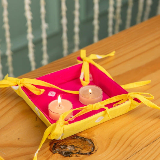 Yellow and Pink Bandhani Foldable Reversible Tray-Trays-House of Ekam