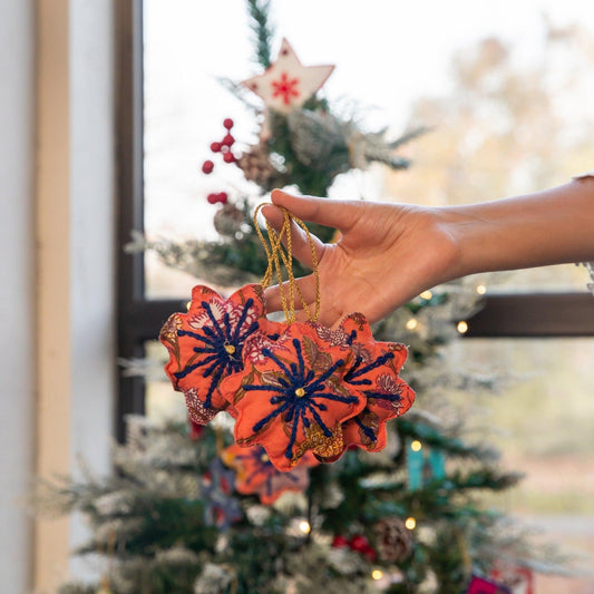 Zero Waste Orange Snowflake Embroidered Christmas Ornament Set Of 2-Ornaments-House of Ekam