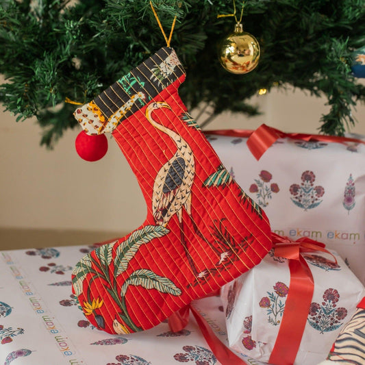 Zero Waste Red Tropical Christmas Stocking-Stockings-House of Ekam