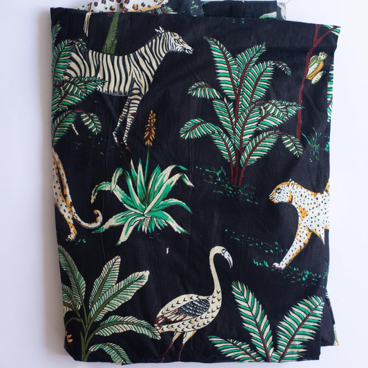 Black Tropical Safari Hand Screenprinted Cotton Fabric-fabric-House of Ekam