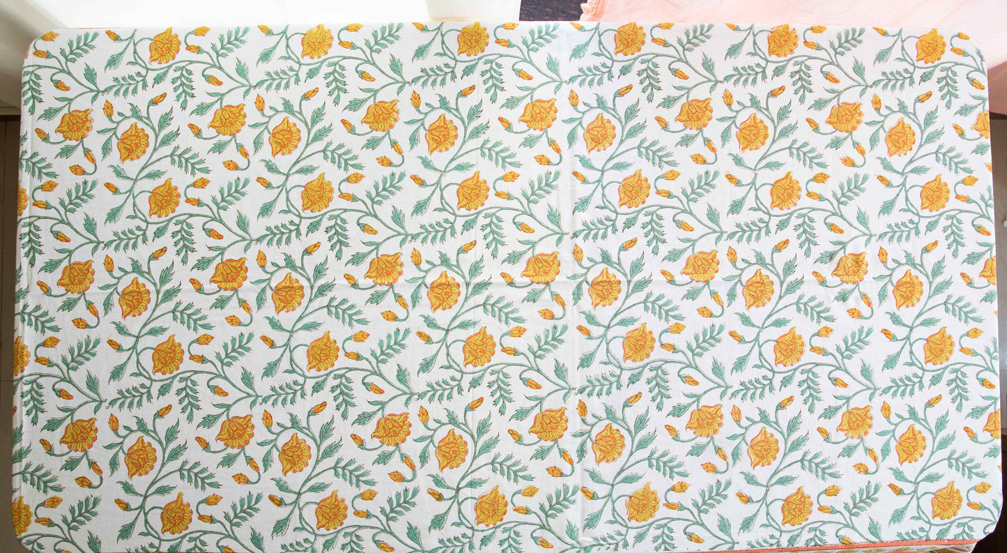 Yellow Floral Jaal Blockprinted Table Cloth