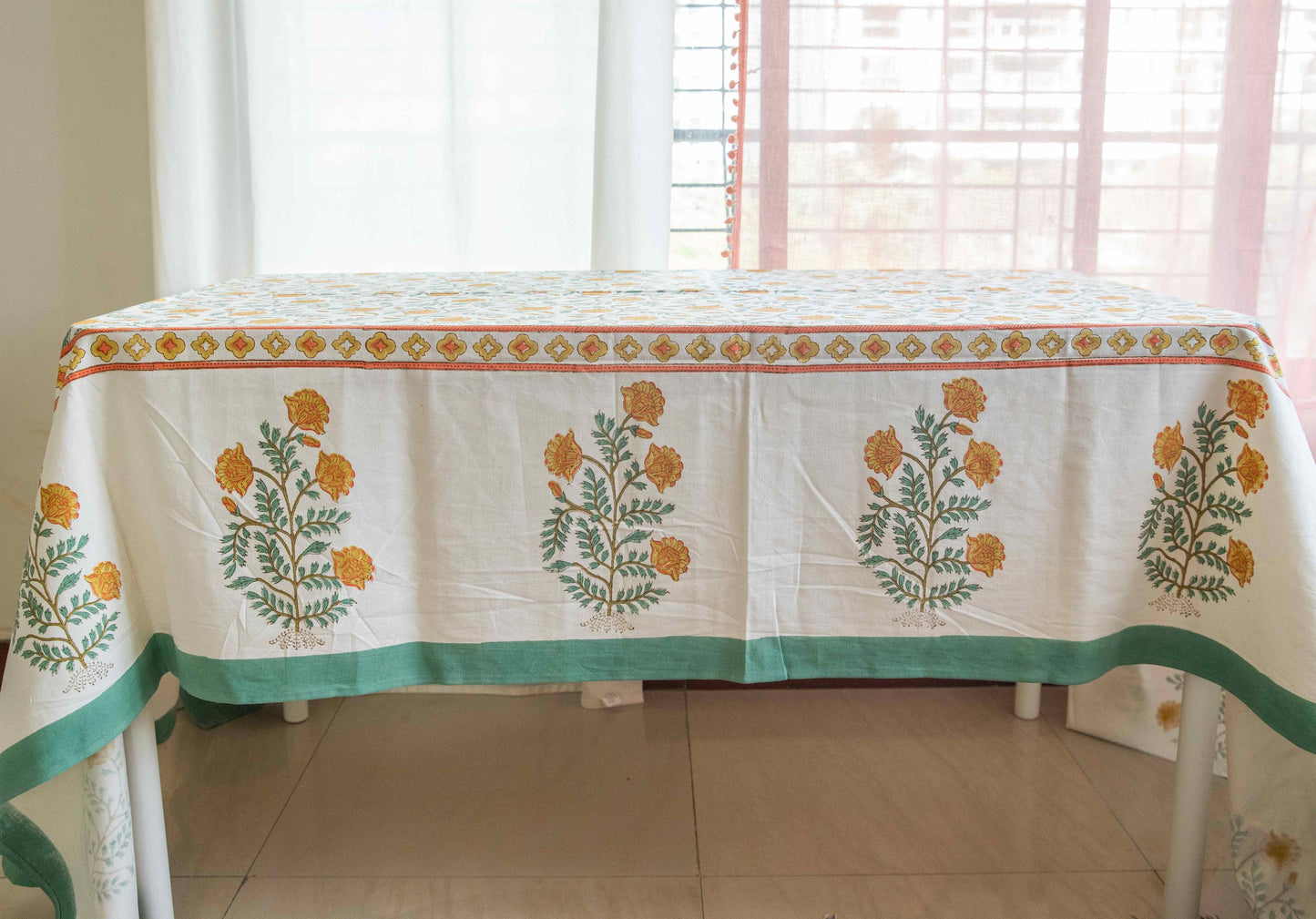 Yellow Floral Jaal Blockprinted Table Cloth