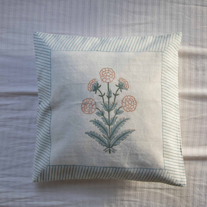 White & Blue Floral Block Printed Cushion Cover