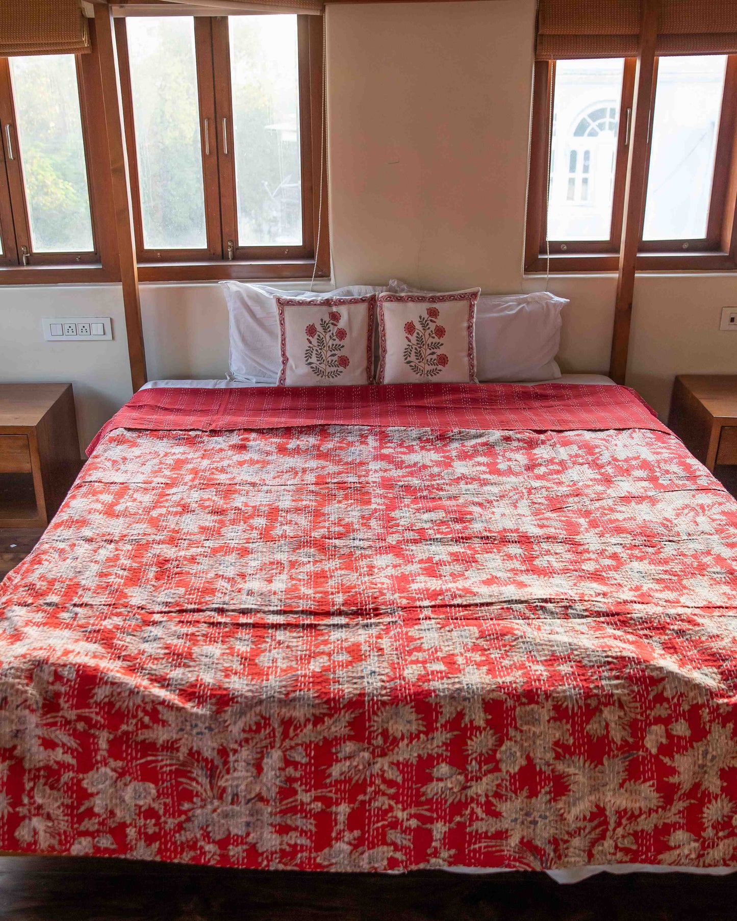 Red Frond Cotton Kantha Bedcover