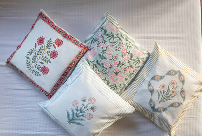 White & Blue Floral Block Printed Cushion Cover