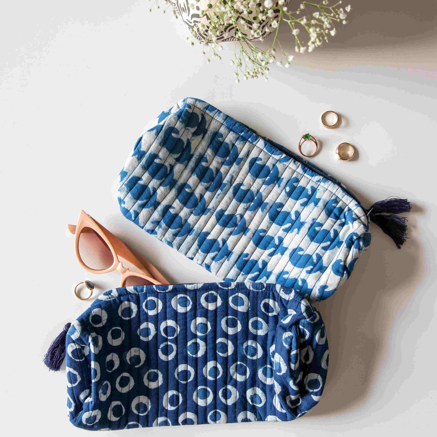 Indigo Dabu Polka Pouch Set of 2-Pouches-House of Ekam