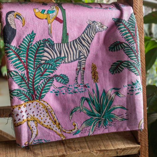 Pink Tropical Safari Hand Screenprinted Cotton Fabric-fabric-House of Ekam