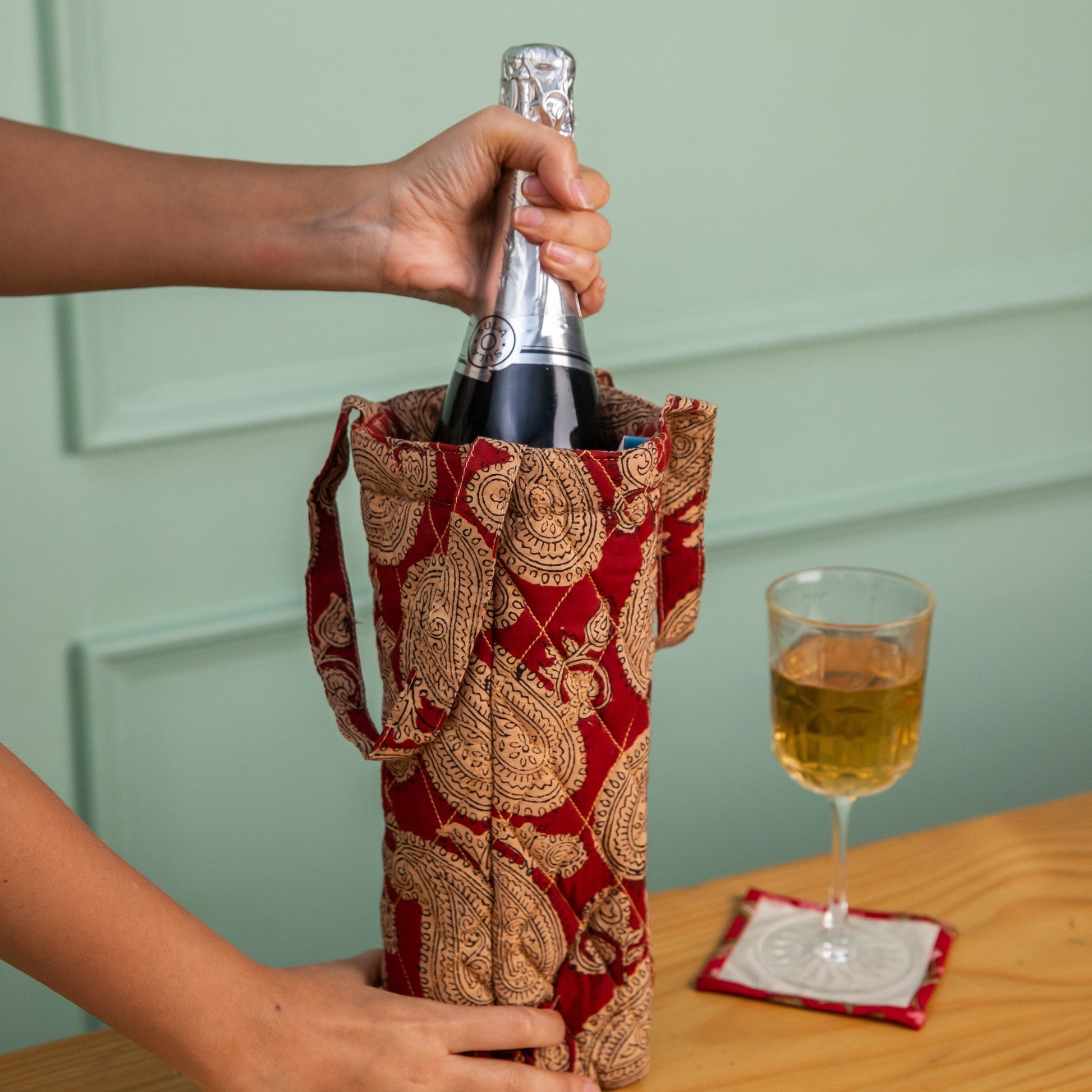 Red Paisley Blockprinted Wine Bottle Bag-Wine Bottle Bag-House of Ekam