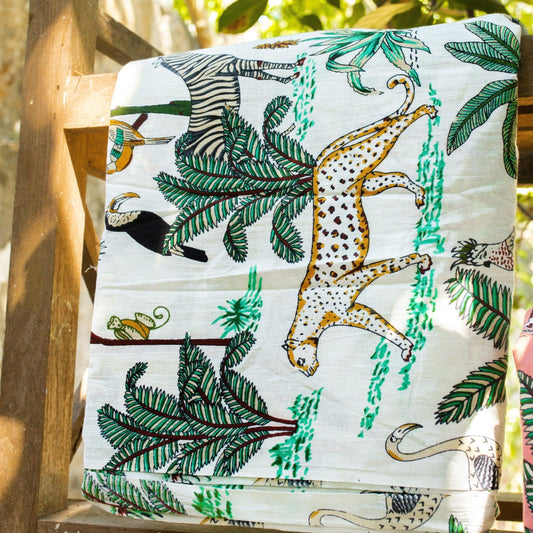 White Tropical Safari Hand Screenprinted Cotton Fabric-fabric-House of Ekam