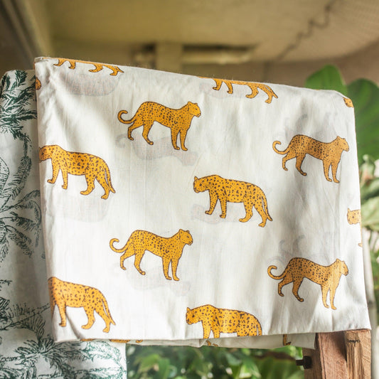 Yellow and White Cheetah Hand Screenprint Cotton Fabric-fabric-House of Ekam